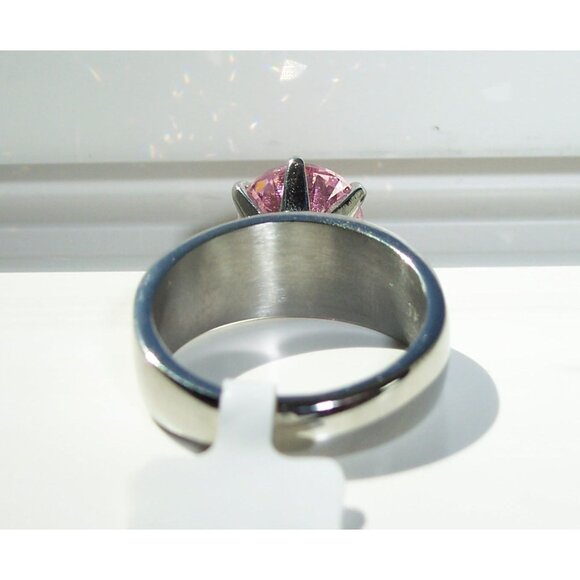 STAINLESS STEEL Simulated Pink Sapphire Solitaire Band Ring - Picture 9 of 16